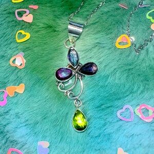 Floral Scroll Amethyst and Peridot Gemstone Silver Handmade Pendant Necklace
